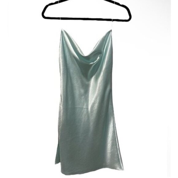 Priceless Heaven Mint Cowl Neck Satin Mini Slip Dress - Picture 4 of 13